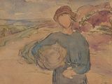 un tableau représentant une femme tenant un chapeau sur un chemin de terre