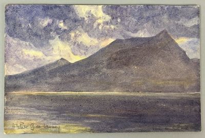 a watercolor painting of a mountain and a body of water