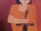 tableau représentant une femme tenant un couteau à la main et un chat sur ses genoux