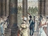 a painting of a group of people standing in a courtyard