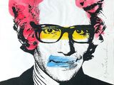 painting of a man wearing glasses and a bow tie with a pink wig