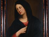une peinture à l'huile représentant une femme vêtue d'une cape noire et d'une robe rouge