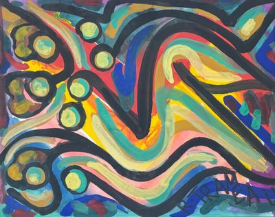 tableau représentant une composition abstraite colorée composée de vagues et de points