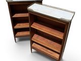 pair of nightstands with marble top and wooden shelves