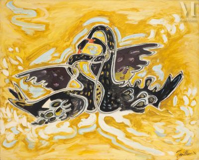 an image of a painting of two black swans floating in the water