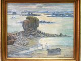 an image of a painting of a boat on a beach