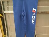 the leggings are blue with a red, white and blue logo on it
