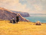 painting of a woman and two children sitting on a hill overlooking the ocean