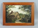 an oil painting of a house in a wooded area