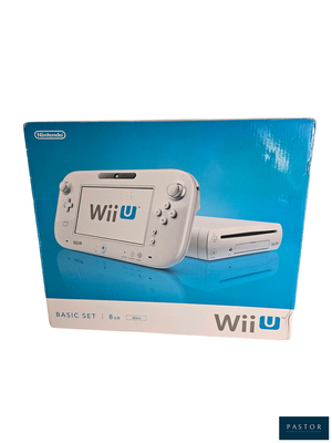Console Nintendo Wii dans son emballage d'origine, sur fond blanc avec un fond bleu