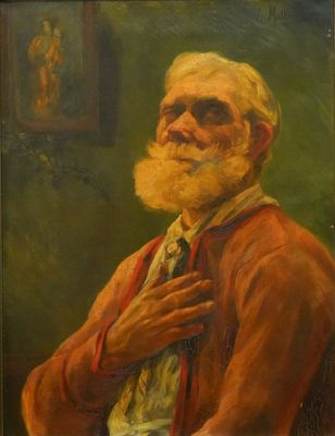 tableau représentant un vieil homme à la longue barbe, vêtu d'une veste rouge