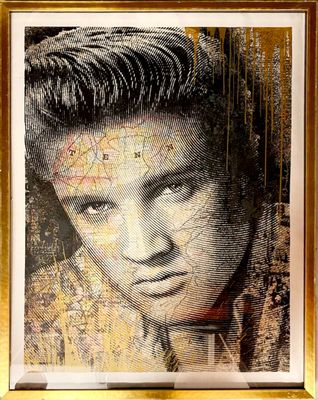 a painting of elvis presley in a gold frame