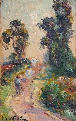 une peinture à l'huile représentant une personne marchant sur un chemin de terre