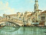 a painting of a bridge over a body of water