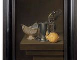 painting of a still life with a silver cup, a silver spoon, and bread on a table