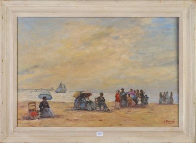 une peinture représentant un groupe de personnes sur la plage