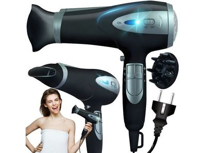 a picture of a woman holding a hair dryer and a blow dryer