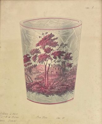 dessin représentant un verre contenant un arbre, avec un château en arrière-plan