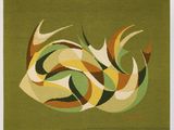 a painting of a green and yellow abstract design on a green background