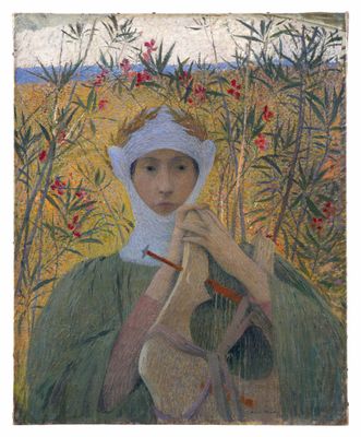 un tableau représentant une femme en robe verte tenant une cruche