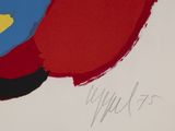 an image of a close up of a painting of a red, blue, and yellow bird