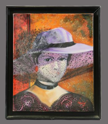 tableau représentant une femme portant un chapeau violet et une robe violette