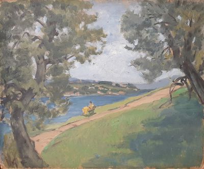 un tableau représentant un homme à cheval sur une colline