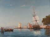peinture représentant des bateaux sur un plan d'eau, avec une ville en arrière-plan