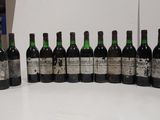 several bottles of wine are lined up on a table