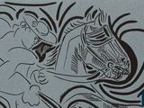 a drawing of a man riding a horse with a woman on it