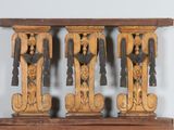 a wooden table with a clock on top of it
