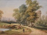 a painting of people walking on a path by a river