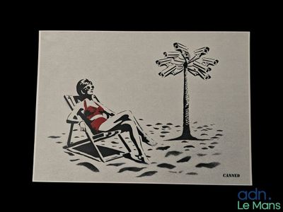a drawing of a woman sitting in a chair under a palm tree