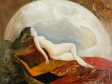 une peinture à l'huile représentant une femme allongée sur un lit, avec une pleine lune en arrière-plan