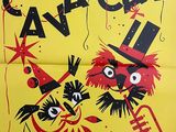 yellow poster with red and black cartoon characters on it