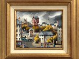 une image représentant un tableau d'une ville avec un moulin à vent
