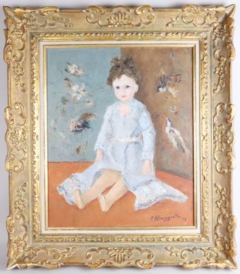 painting of a young girl in a blue dress sitting on the floor