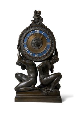 Importante horloge de halle en bronze patiné, le tambour du …