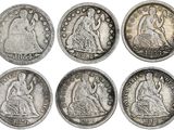 six types différents de pièces d'argent, dont l'une représente une femme assise et une autre un homme assis