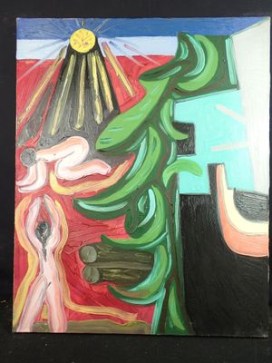 tableau représentant un tableau d'une femme et d'un arbre, avec le soleil en arrière-plan