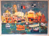 une peinture de bateaux dans un port avec des bâtiments à l'arrière-plan