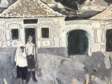 un tableau représentant une femme debout devant une maison