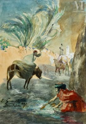 une image représentant un tableau où l'on voit une femme en train de laver une vache dans une rivière