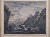 painting of a landscape with a horse drawn carriage and a group of people in the foreground