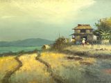 an oil painting of a house on a hill overlooking a body of water
