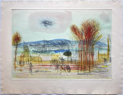 an image of a painting of a landscape with trees in the foreground