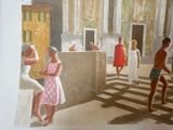 painting of a group of people in a building with a bird on the wall