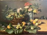 a painting of a basket of fruit on a table