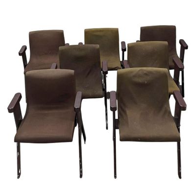 six brown chairs are arranged in a circle on a white background