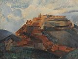 painting of a view of a city with a mountain in the background